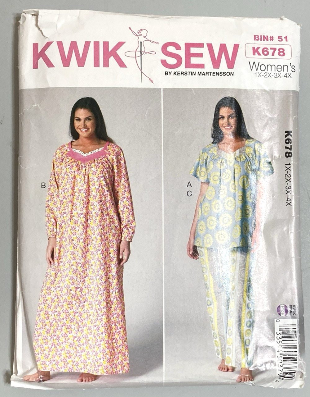 Kwik Sew 4145 (K678) Womens Nightgown, Pajama Top, Pants Sz 1X- 4X, 16-30 UNCUT